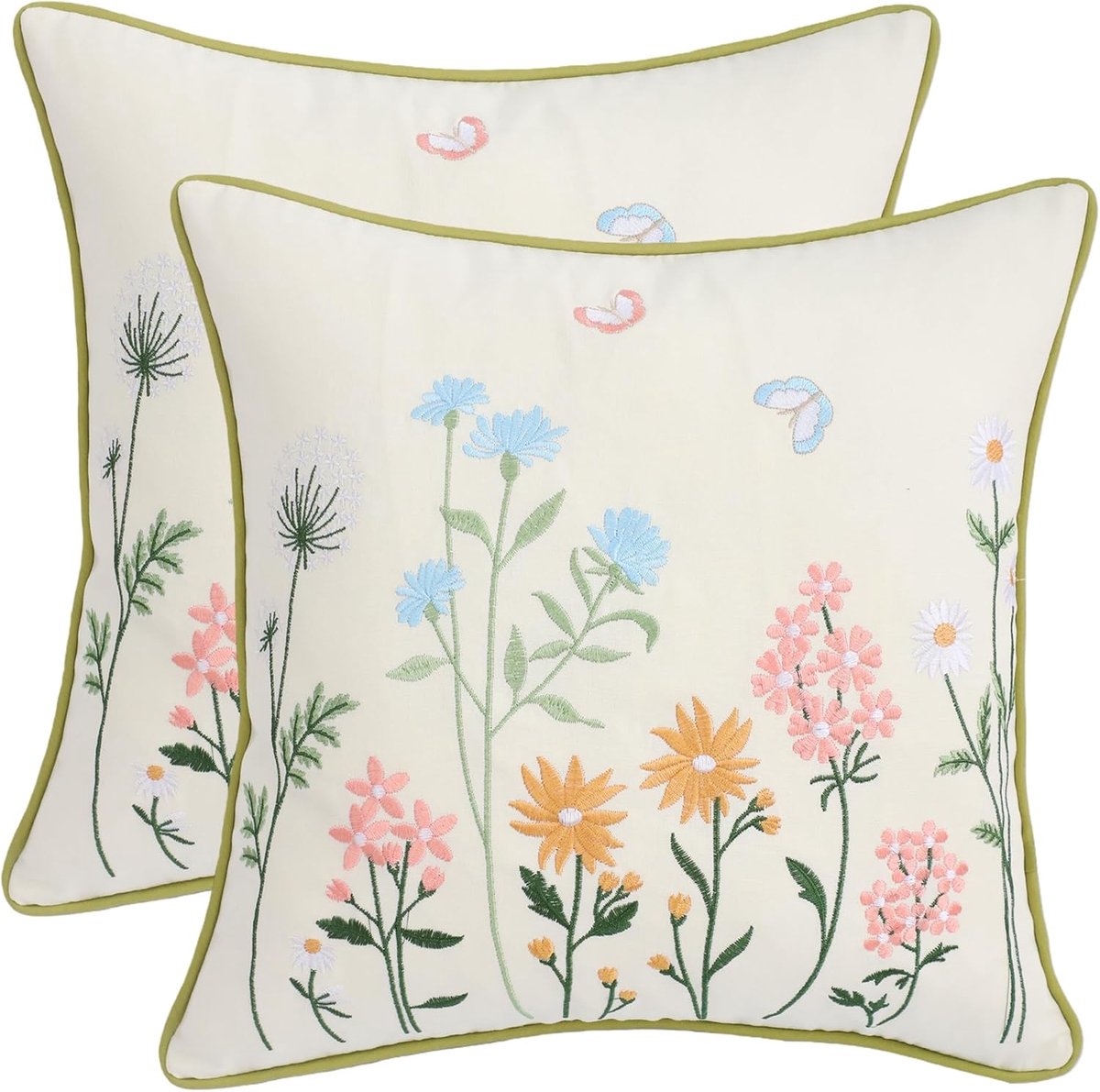 SnelShoppen - Set van 2 Mooi Geborduurde Kussenhoezen 45x45 cm voor Sofa en Slaapkamer - Katoen Tuin Bloem Vlinder Design - Modern Decoratie voor Binn