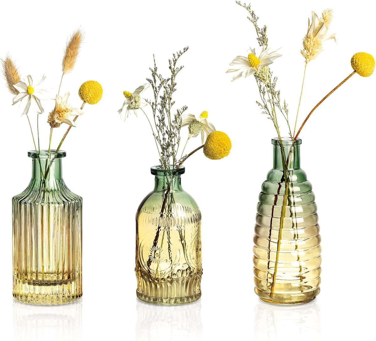 SnelShoppen - Set van 3 Kleine Vintage Glas Vazen - Kleurige Bud Vazen voor Soliflora Bloemen - Decoratieve Vazen voor Thuis, Kantoor, Eettafel en Bru