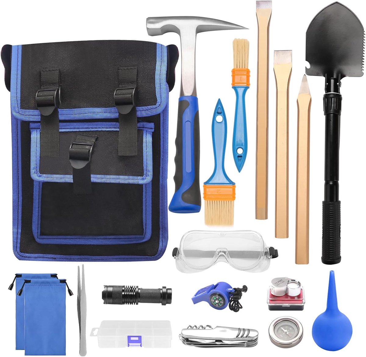 SnelShoppen - 19-delige Geologie Hamer Kit met 600ml Hamer, 3 Beitels, Schep, Verzamelzak, Veiligheidsbril & Fluitje voor Rock Hounding, Goudzoeken &