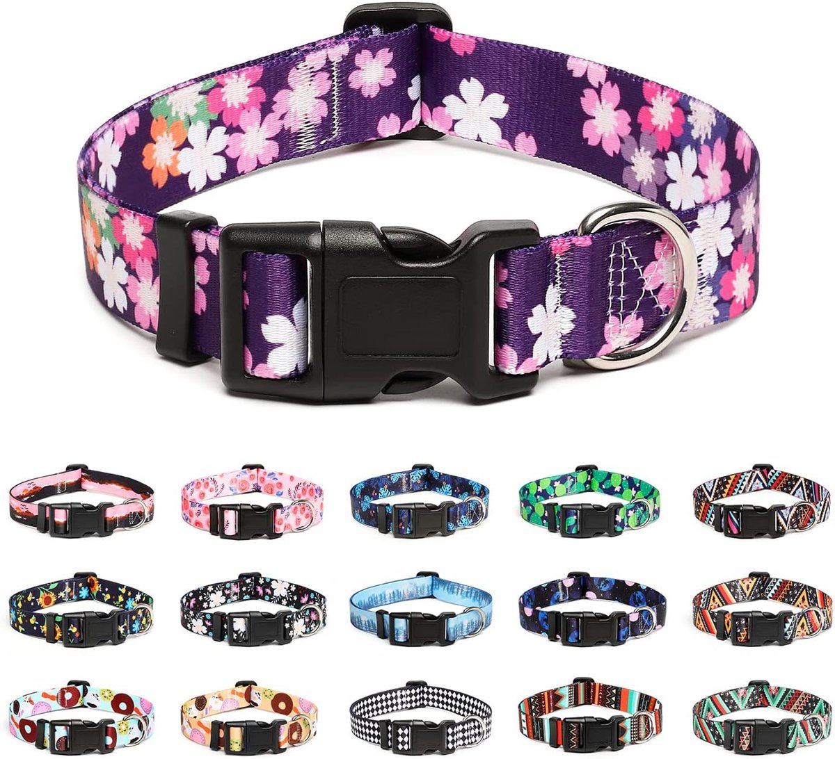 SnelShoppen - Verstelbare Hondenhalsband - Zachte Duurzame Nylon Halsband voor Kleine, Middelgrote en Grote Honden - S - Roze Bloemen - Stijlvolle Des