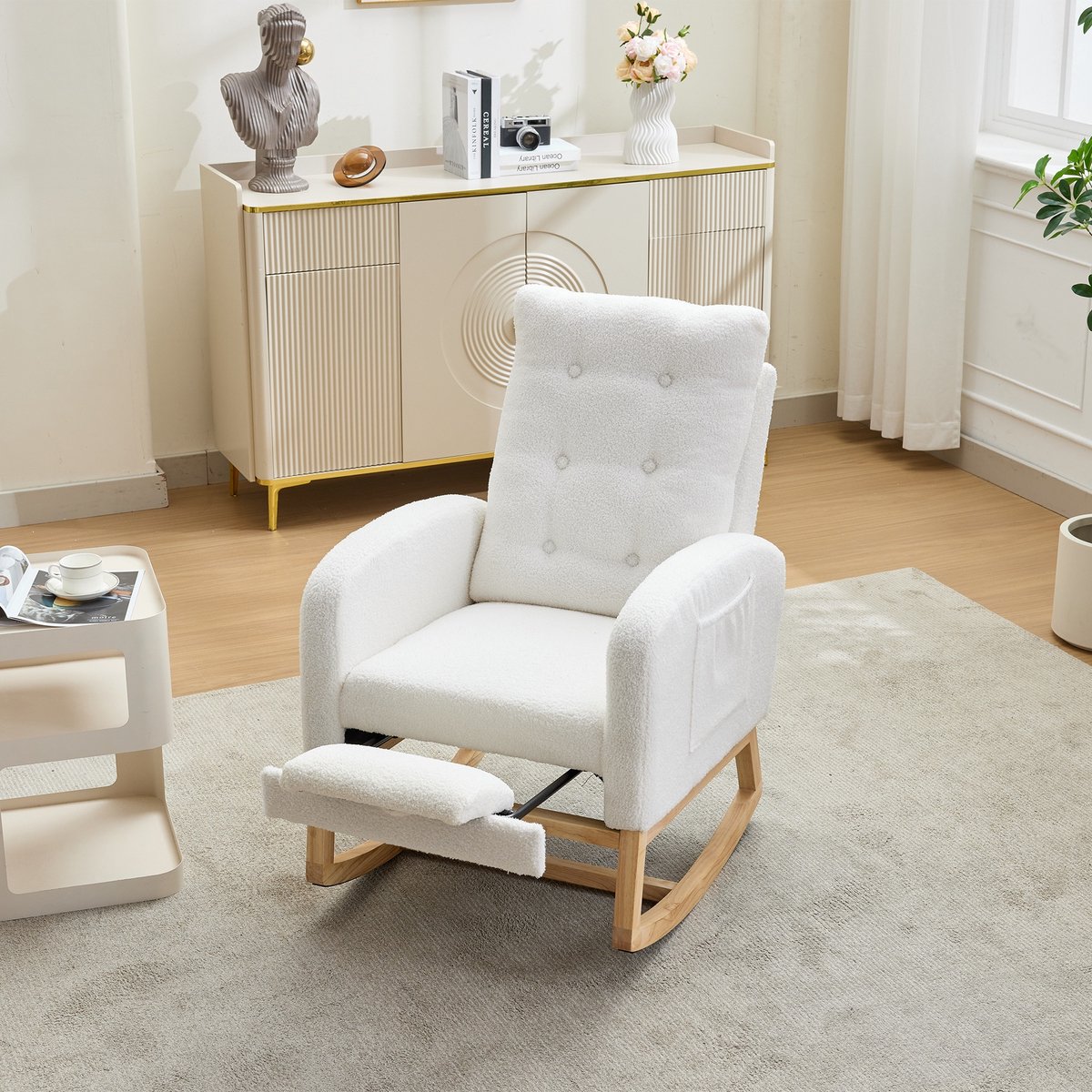 Sweiko Schommelstoel - Fauteuil - Met oplaadaansluiting - Bookley-stof - Verstelbare voetsteun - 66.5 x 121.5 x 102 cm - Wit