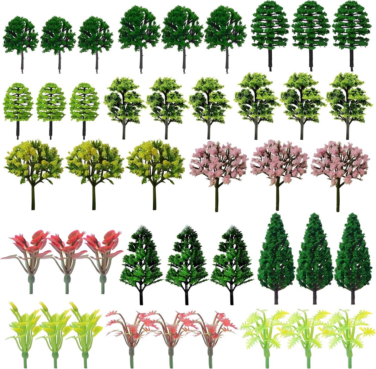 SnelShoppen - 42 Stuks Miniatuur Bomen voor Modelbouw, Plastic Diorama Decoratie, Natuurlijke Landschappen, DIY Miniatuurtuin, Modelspoor, Groen