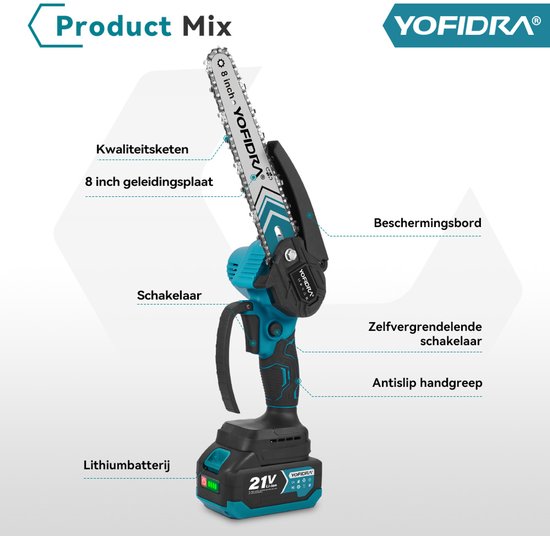 Yofidra Mini kettingzaag - 6 / 8 inch Kettingzaag - met 2x 4.0Ah accu’s Snoeizaag - Takkenzaag - Brushless Heggenschaar - voor tuin, boomsnoeien en hout — afbeelding 3