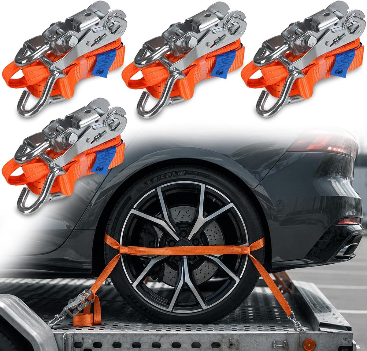 SnelShoppen - Set van 4 Wheel Lashing Straps 2.9 m - 2000 daN Ratchet Straps - 50 mm voor Auto Transport en Wielbeveiliging - DIN EN 12195-2 Goedkeuri