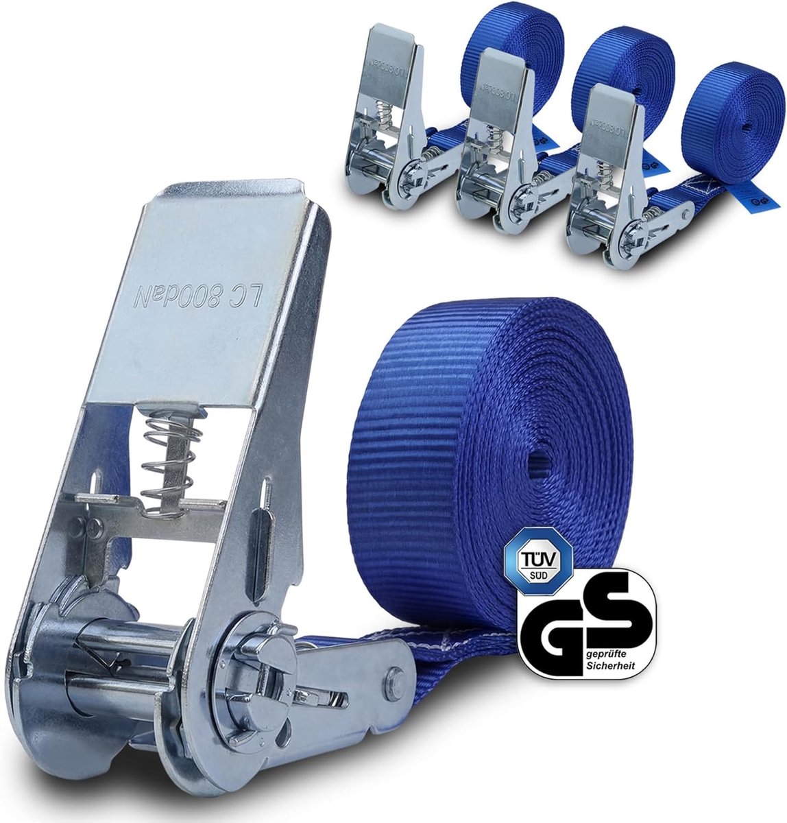 SnelShoppen - Lashing strap met ratchet 4 stuks, 4m of 6m, 25mm breed, blauwe fixing strap, tot 800 kg - ideale spanbanden voor vervoer, camping, tuin