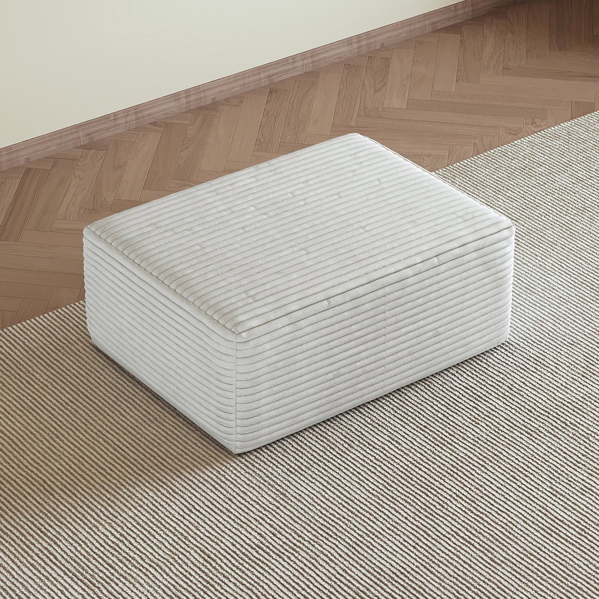 Voetenbankje Gestoffeerd – 95 x 70 x 40 cm – Stof Met Corduroystructuur – Wit – Rechthoekig Voor Binnen – Geen Montage Nodig