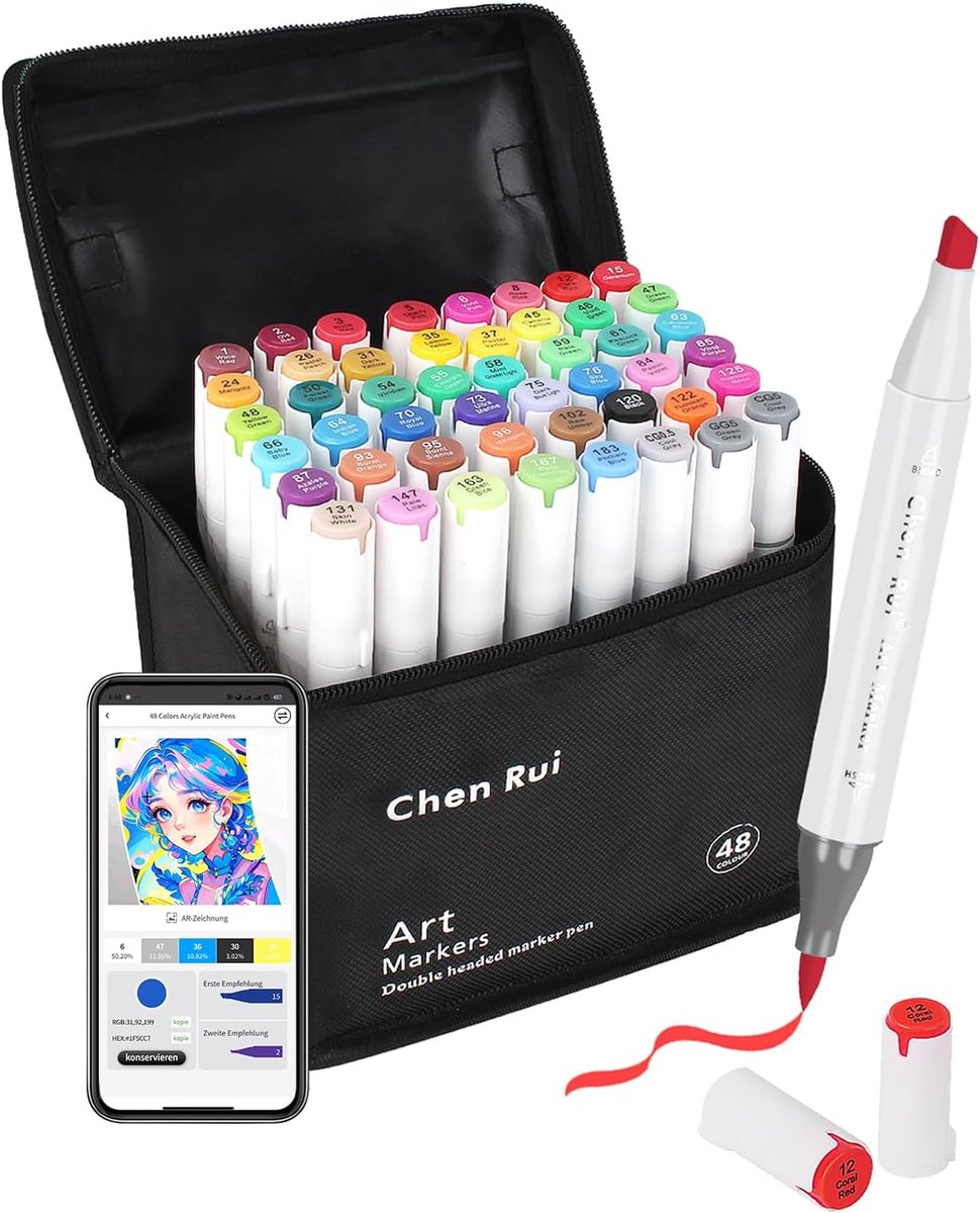 SnelShoppen - Alcohol Highlighter Markers Set van 48 Kleuren met App, Dubbele Punt (Borstel en Chisel), Sneldrogende Alcohol Stiften voor Tekenen, Sch