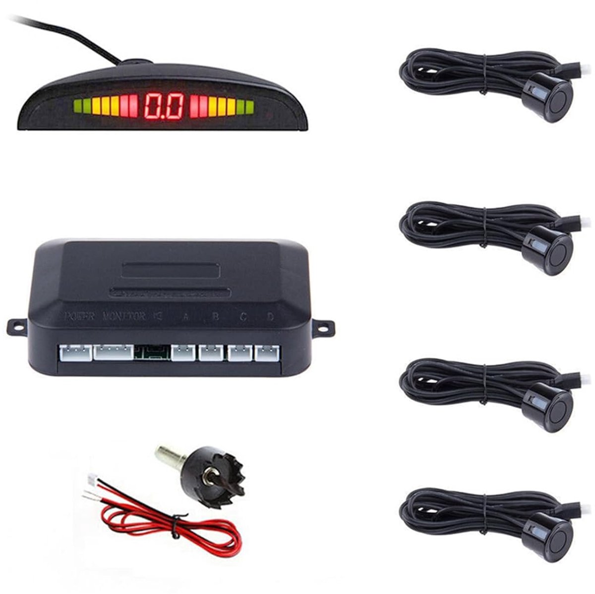Thijox - Parkeerhulp PDC Retrofit Kit 4 Sensoren Universeel Achteruit Alarm met LED Kleurendisplay en Achteruit Audio Buzzer Alarm Kit - Zwart 6 m Sen