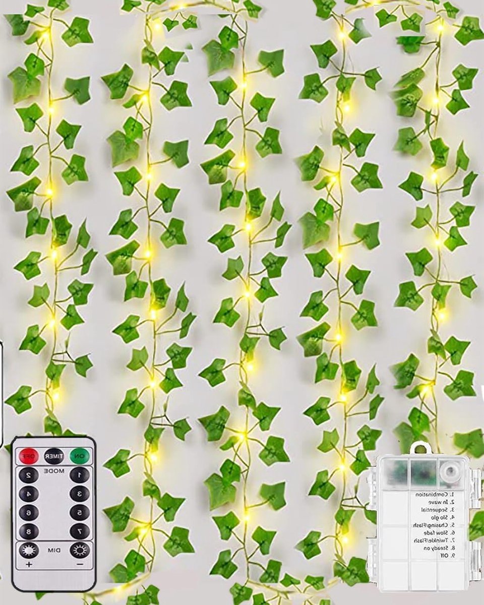 Sfeervolle LED Lichtslinger van 10 m met 100 Lampjes, Oplaadbare Batterij, Afstandsbediening en 8 Verlichtingsmodi - Waterdichte Kunstplant Lichtslinger voor Kerstdecoratie en Buitengebruik
