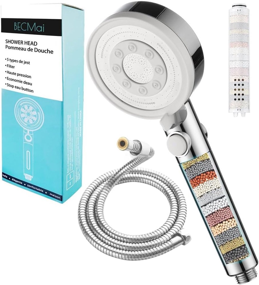 SnelShoppen - Limescale Bestendige Douchestraal met 1.5m Douche Slang, Hoge Druk Filter Douchestraal met 5 Jet Niveaus, Waterbesparende Douchestraal i