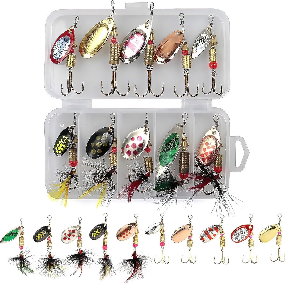 SnelShoppen - Set van 10 Multicolour Vissersbaits met Opbergdoos, Crankbait en Spinnerbait voor Forel, Zalm, Baars, Snoek, Baars, Meerval
