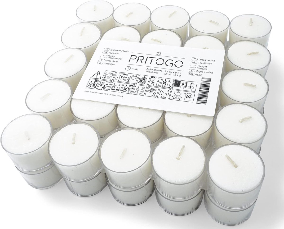 SnelShoppen - 50 Stuks Theelichten Met Plastic Deksel Wit Ø 3.8 x 2.5 cm, Rookvrij, 8 Uur Brandtijd, Ongeparfumeerd, Perfect voor Feesten en Camping