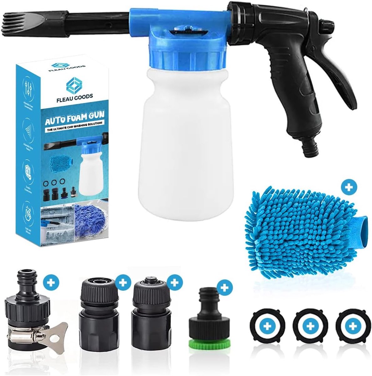 SnelShoppen - Fleau Car Foam Gun - Foam Sprayer met Was Glove - Snow Foam Lance voor Tuin Slang - Verstelbare Schuimdichtheid - Duurzaam en Multifunct