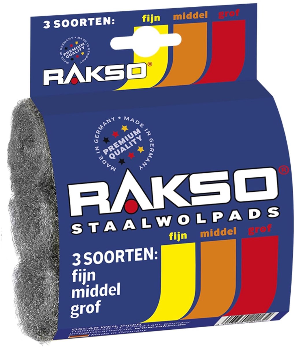 SnelShoppen - RAKSO Staalwol Polijst- en Schuurpads - Fijn, Middel, Grof - 3 Stuks - Schuur- en Polijstvellen voor Hout, Verf, Metaal, Tuinmeubelen, G