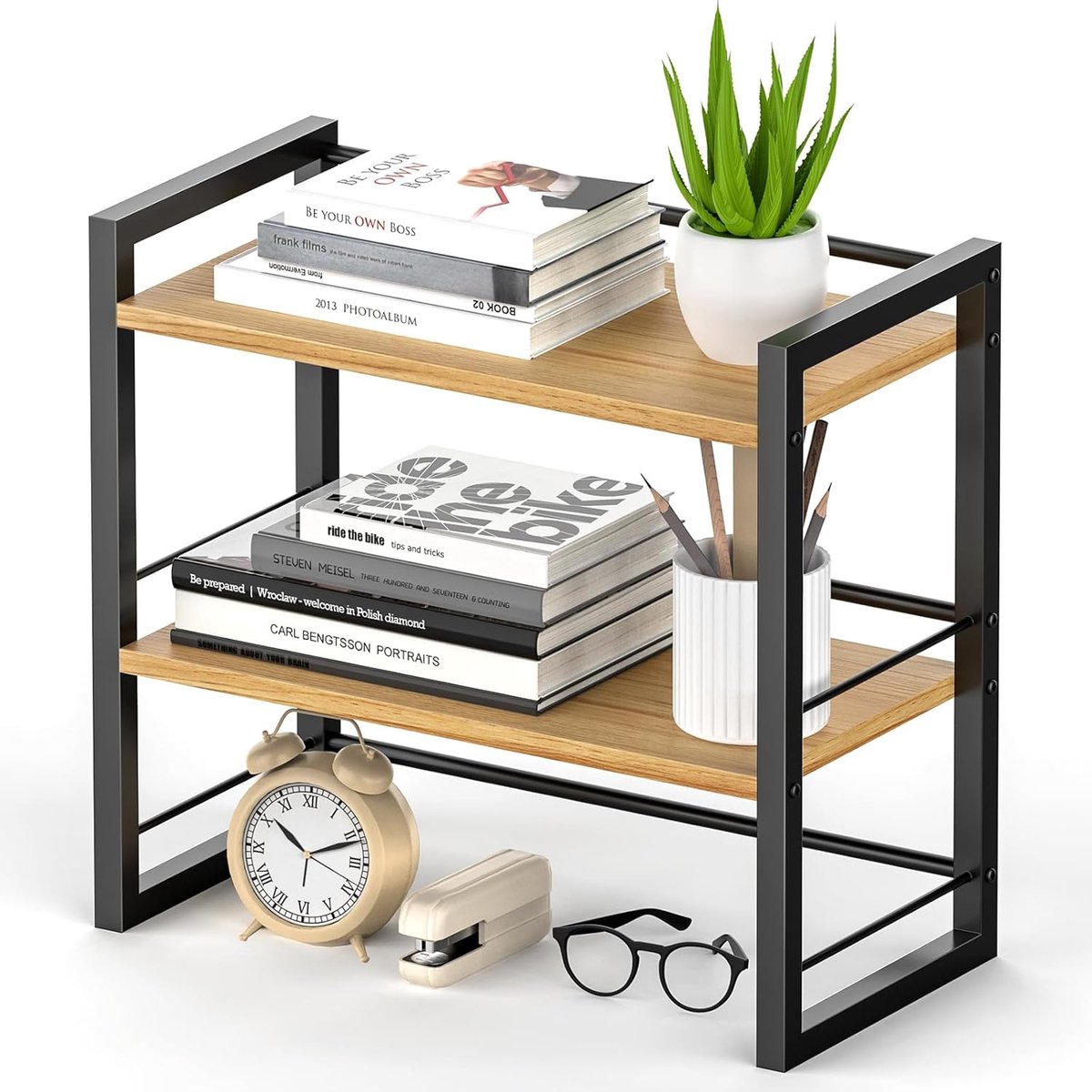 SnelShoppen - Desk Regal Houten Organizer, Mini Regal Desk Shelf, Opberg Regal voor Bureau, Desk Shelves voor Notebooks, Zwart, Duurzaam en Ruimtebesp