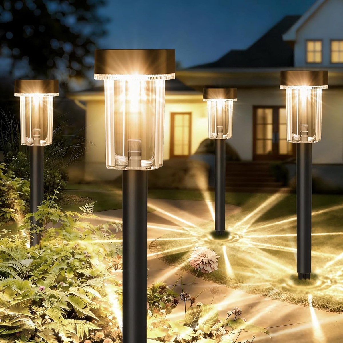 Buitenverlichting met Zonne-energie, 4 Stuks Warm Witte LED Tuinlampen, Waterdicht IP65 voor Tuin, Oprit en Padverlichting