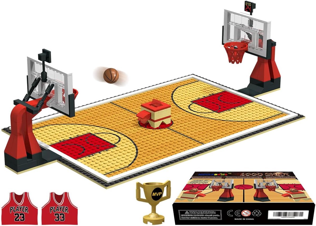 SnelShoppen - Classic Building Blocks Basketball Court Bouwplaat - 3 Basisplaten, 2 Basketballstands, 2 Shooter, 2 Basketballen, 1 Trofee - Creatieve