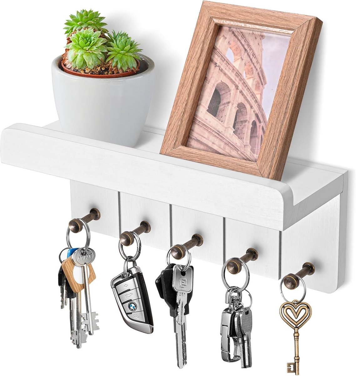 SnelShoppen - Wandplank met Sleutelhaken - Houten Sleutelbord - Decoratieve Wandplank met 5 Sleutelhaken - Wit - Sleutelhouder voor Entree, Hal, Keuke