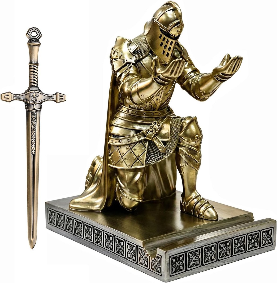 Leiderscape voor Krijgers: Ridders Cloak Penhouder, Mobiele Telefoonstandaard en Ornament met Zwaard Briefopener voor Kantoor en Decoratie