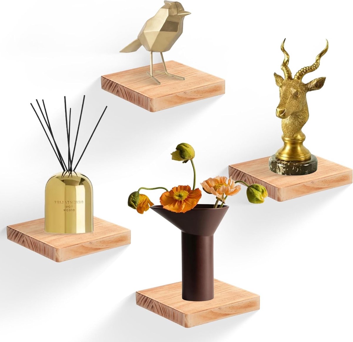 Set van 4 zwevende wandplanken van massief hout, decoratieve vierkante planken voor badkamer, slaapkamer, woonkamer en keuken in zwart