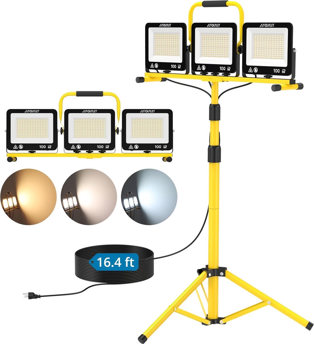 SnelShoppen - LED Bouwlamp met Tripod, 3 x 100W, 27000 Lumen, Verstelbare Werklicht met 3 Kleurtemperaturen, 5m Snoer, IP66 Waterproof, Verwijderbare