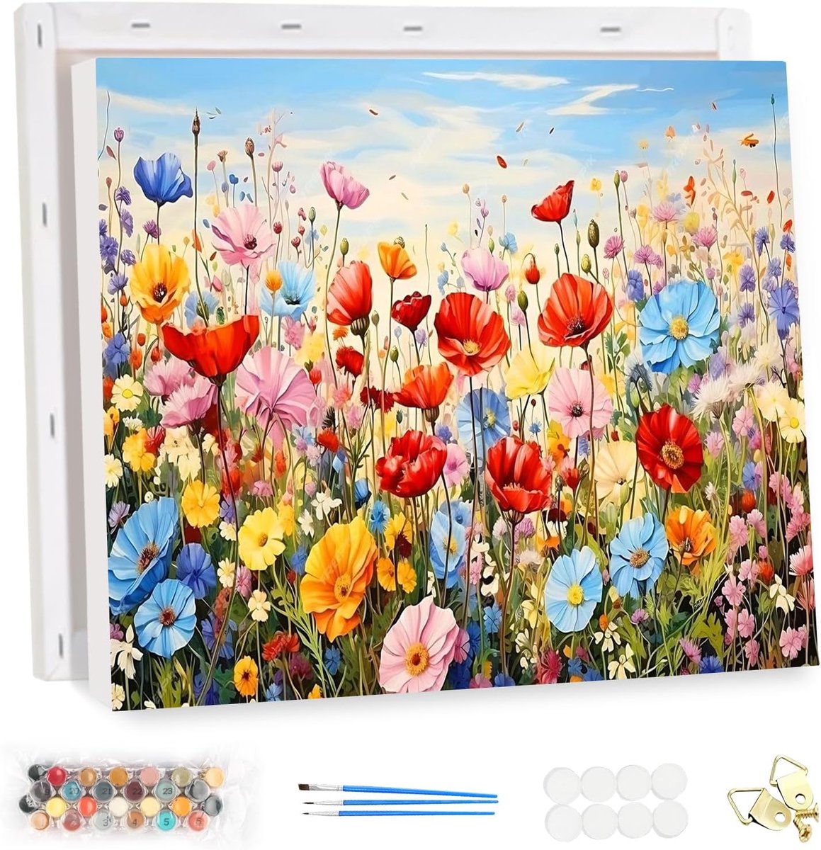 SnelShoppen - Paint by Numbers Kit Volwassenen met Frame, Wild Flowers DIY Canvas Schilderen, Acrylverf Set 40x30cm voor Thuis Wanddecoratie