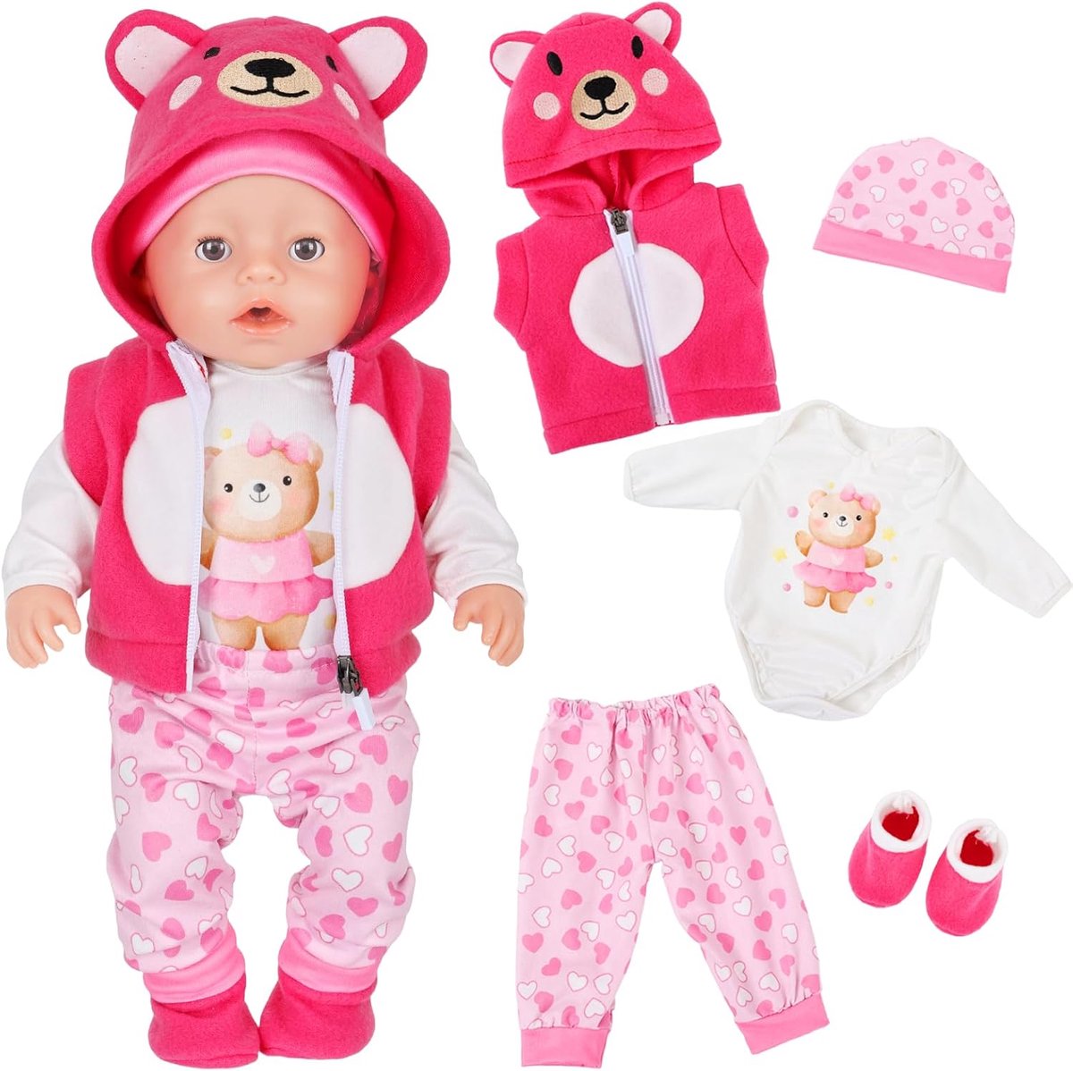 SnelShoppen - 5-delige Dollenkleding Set 30-45 cm - Schattige Berenpatroon met Jasje, Rompertje, Broek, Sokken en Hoed voor Kinderen