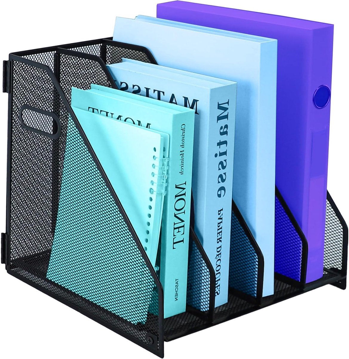 Magazinehouder van metaalgaas met 4 verticale compartimenten, handig voor documenten, kantoororganisatie en papierenopslag, zwart