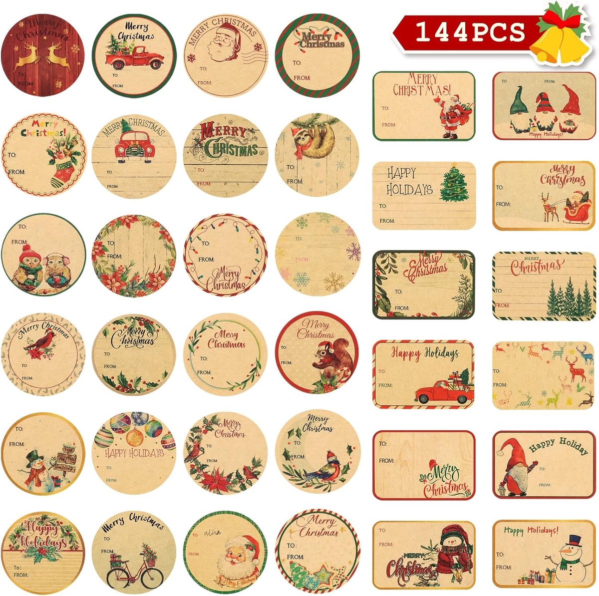 SnelShoppen - 144 Stuks Zelfklevende Kerst Naam Labels, Jumbo Christmas Gift Tags, 36 Unieke Ontwerpen, Kraft Stickers voor Cadeaus, Verpakkingen, Env