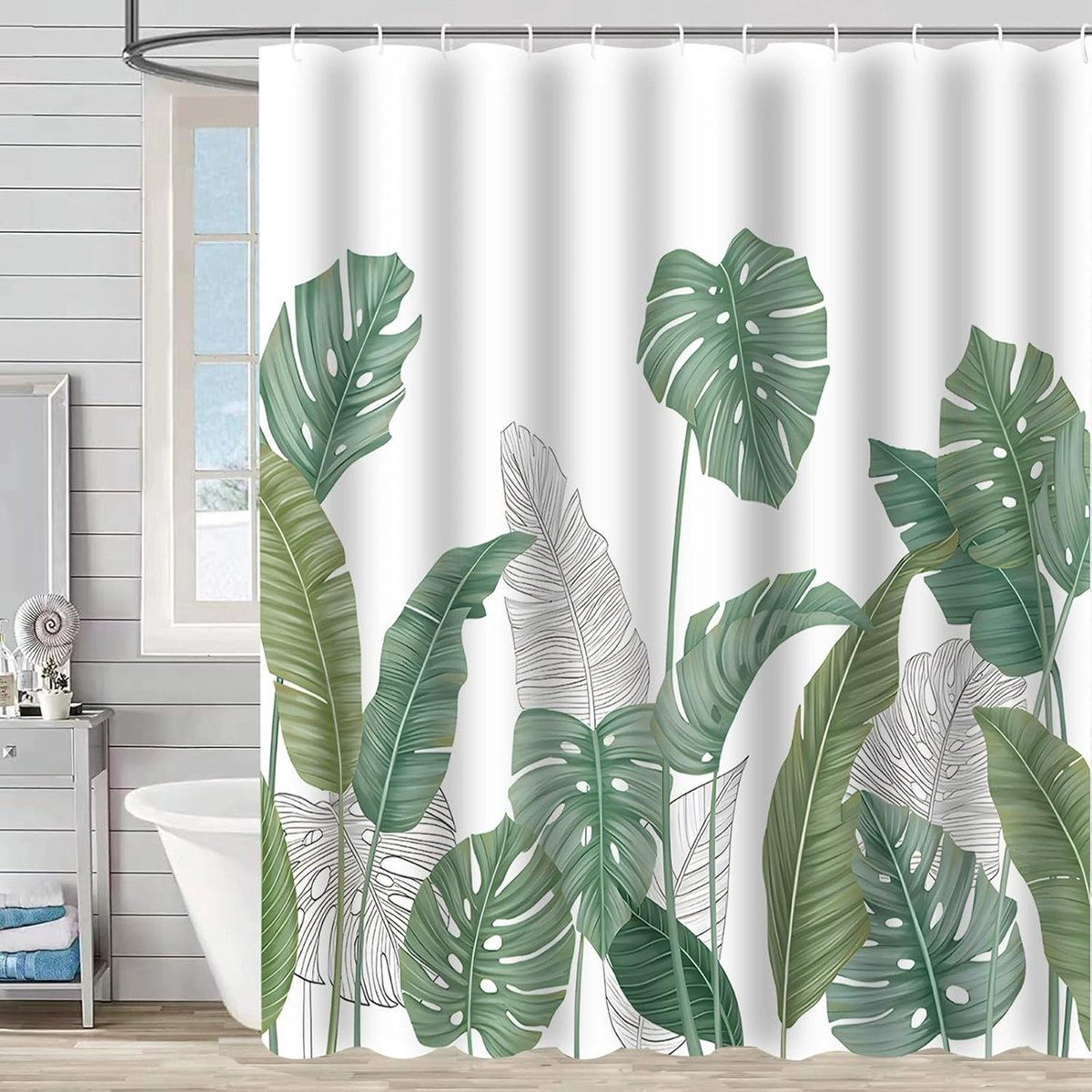SnelShoppen - Douchegordijn Groen Bloemen, Waterdicht en Schimmelbestendig, Met Gewogen Zoom, Wasbaar, Inclusief 12 Ringen, 180x180 cm, Natuurlijke Pl