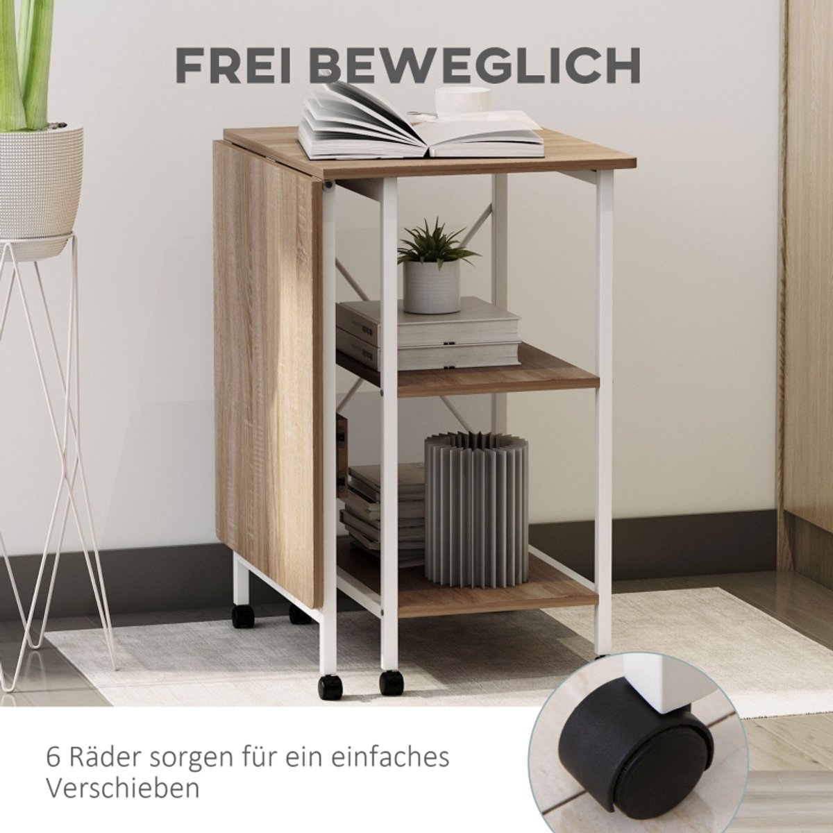HAUSS SPOLE Klapbureau Met Wielen En Opbergrek - Opvouwbaar Werkstation Voor Bureau En Slaapkamer - MDF En Staal - Wit - 107 X 55 X 76 Cm