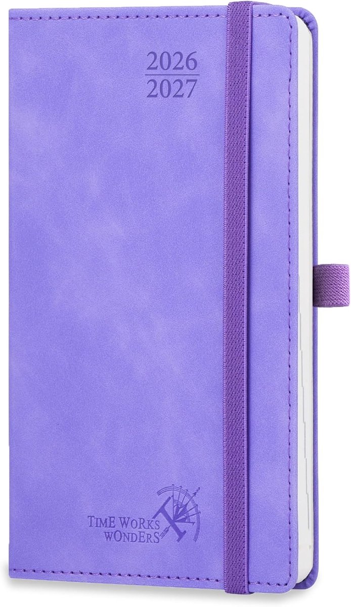 SnelShoppen - Pocket Agenda 2026 2027 - Kleine Weekly Planner 17 Maanden - 16.5 x 9 cm - Denim PU Leer - Lila - Schoolplanner voor Studenten - Harde K