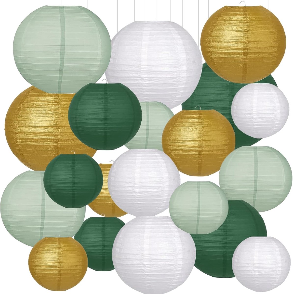 SnelShoppen - Set van 20 Papieren Lantaarns, Sage Groen/Forest Groen/Ivoor/Goud, 4 Maten (15-30cm), Decoratie voor Tuinfeest, Bruiloft, Verjaardag