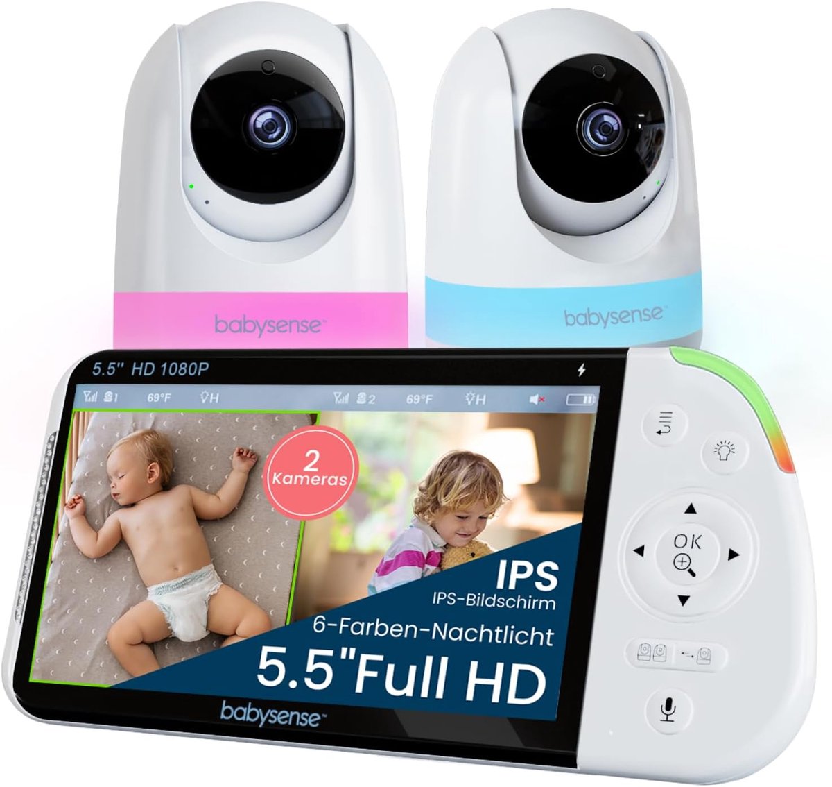 Babyfoon met 2 camera's - Videomonitor Splitscreen - Babykamer bewaken - Afluistervrije verbinding - Full HD - Maxview Pro