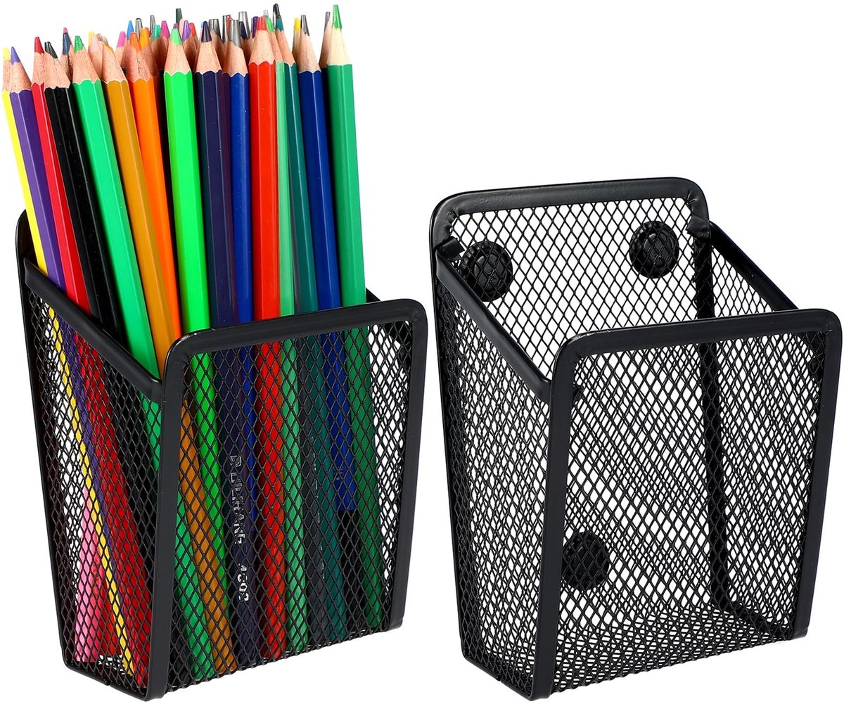 Dailygoods - Magnetische Opbergmand, 2-pack Magnetische Pennenhouder, Metaalnet Bureaublad Organizer, Magnetisch Zwart voor Koelkast, Whiteboard, Kantoorbenodigdheden, Kastaccessoires