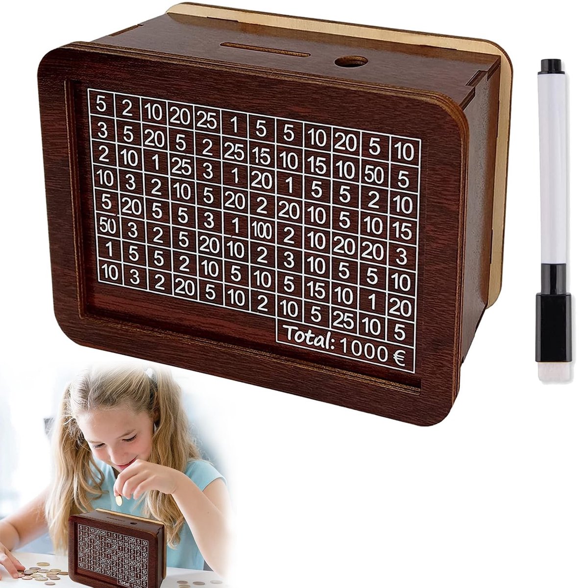 Dailygoods- Spaarpot Houten - Creatieve Spaarpot met Teller - 22 x 7,5 x 12 cm - Duurzaam Hout - Herbruikbaar en Gemakkelijk te Demonteren - Home Decor - Geldpot