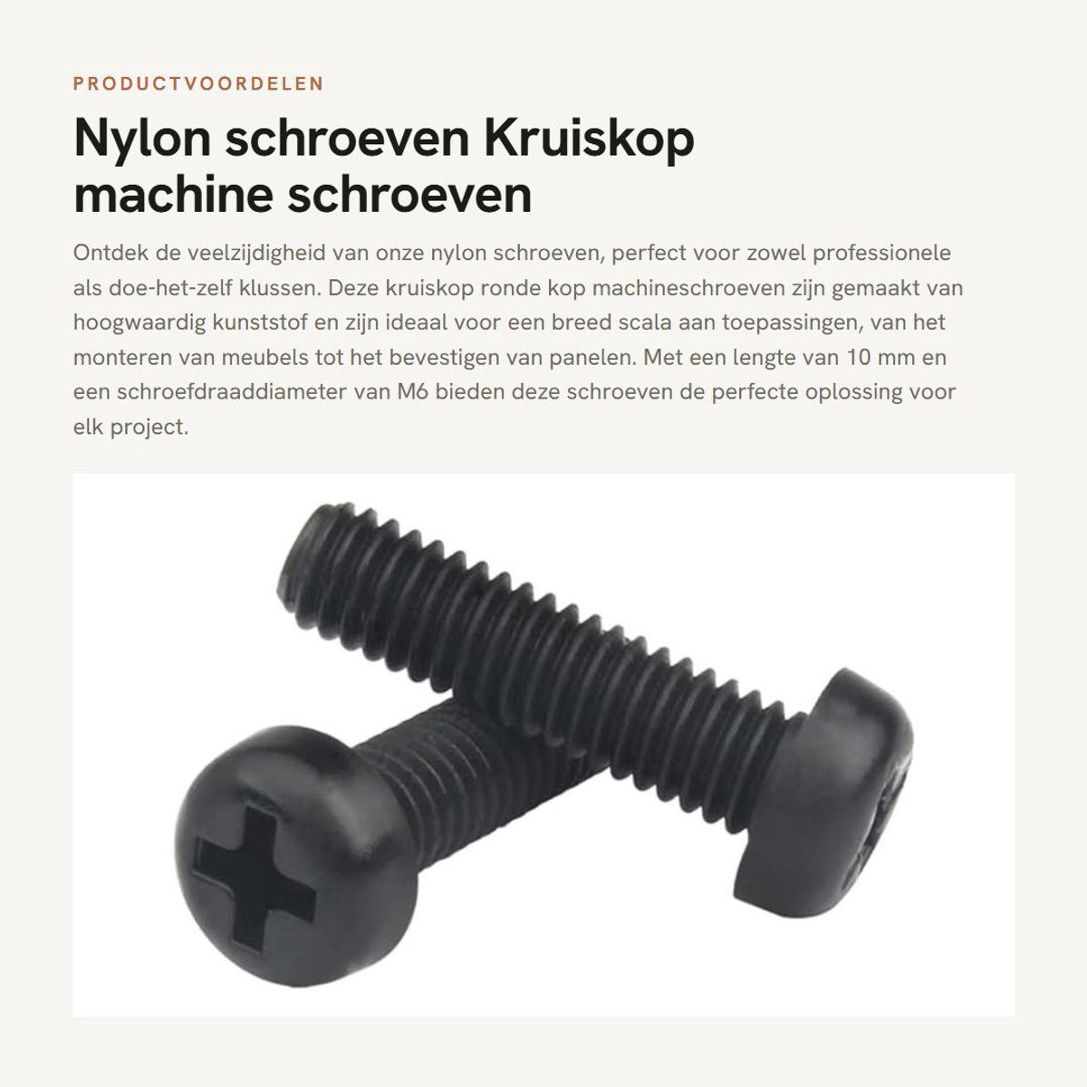 Dailygoods- Nylon Schroeven 50 Stuks - Ronde Kop - Kruiskop - Kunststof - M6x10mm - Lichtgewicht - Niet-magnetisch