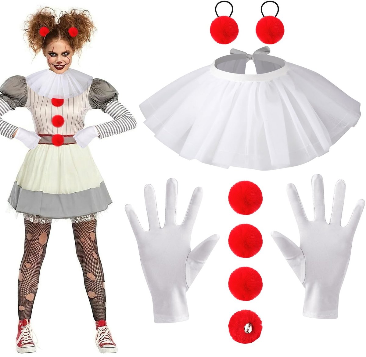 Dailygoods- Clownkostuum - Inclusief clownskraag/ruches - Clownhandschoenen - Rode pompons/knopen - Geschikt voor volwassenen/kinderen - Duurzaam materiaal - Clownoutfit