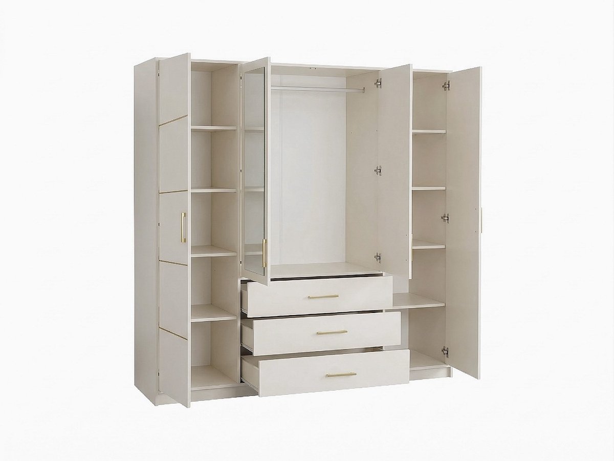 Vente-unique Kledingkast 4 deuren en 3 lades - Met spiegels - B196 - Beige en goud - MONLIO Beige, Goudkleurig