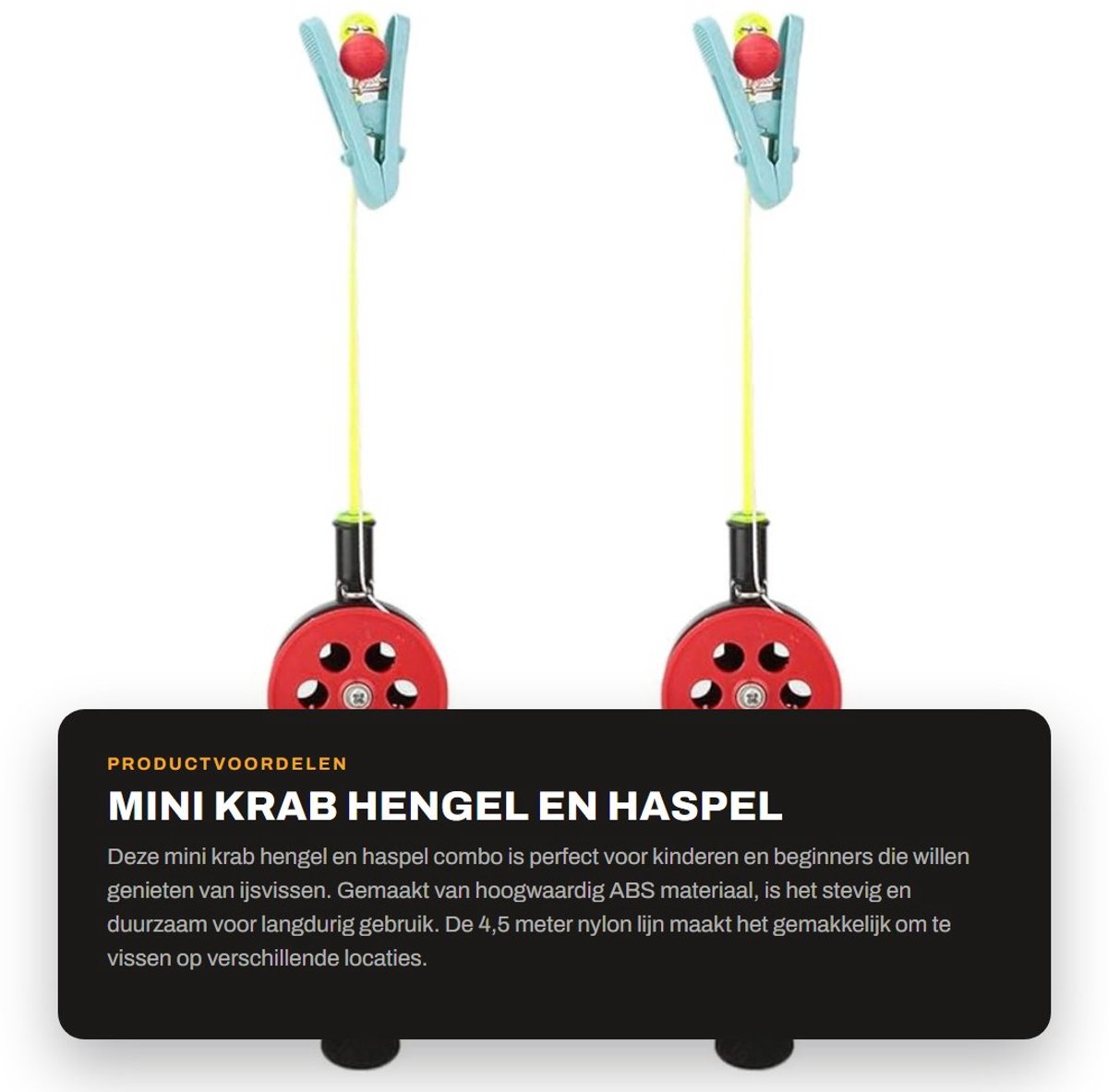 Dailygoods- Krab Hengel Mini 2 Stuks - Draagbare Hengel/Haspel Combo - Geschikt voor Kinderen - IJsvisserij - Hoogwaardig ABS Materiaal - 4,5 m Nylon Lijn - Vishengel