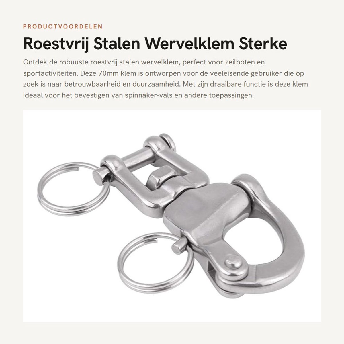 Dailygoods- Wervelklem Roestvrij Staal AISI 316 - Draaibare Karabijnhaak - Klauwtype Kaakwervels - Vervanging Panic Snap - Sterke Beugel 70mm
