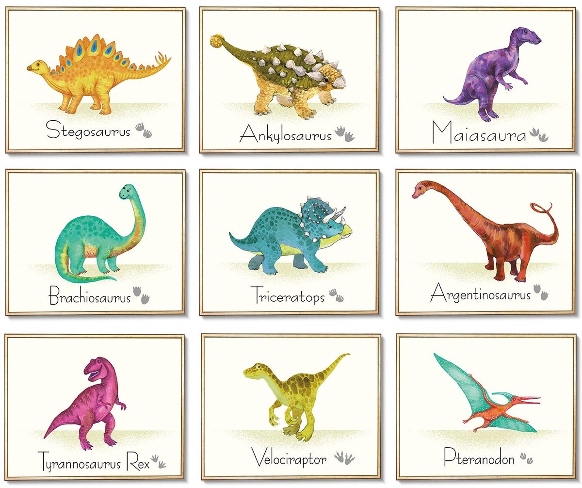 Dailygoods- Muurkunst 9-delige Dinosaurus Prints - Dinosaurus Posters - Muurstickers - Verjaardagscadeau - Kinderkamerdecoratie - Duurzaam materiaal