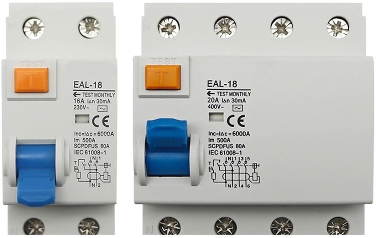 Aardlekschakelaar - Veiligheidsschakelaar - Stroombeveiliging - Elektromagnetisch - 4P 6A 30mA - Grijs