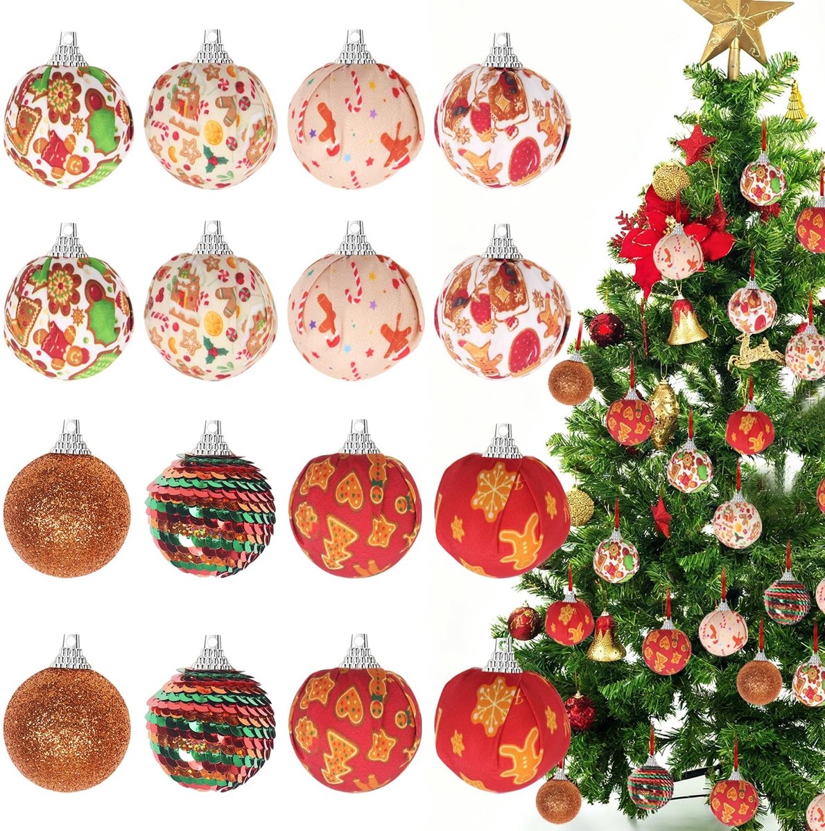 Dailygoods- Kerstballenset 16 Stuks - Peperkoekmensen Thema - Pailletten/Glitter/Stof - Feestelijke Kerstversiering - Praktische Decoratie - Rijke Stijlen