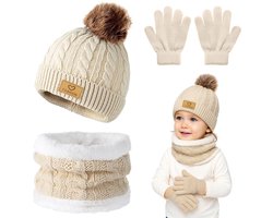 Dailygoods - Winmany 3PCS Kinderen Winter Mutsen Handschoenen Sjaal Set Peuter Fleece Nek Warmer Muts met Pom Gebreide Wanten Set voor Meisje Jongen