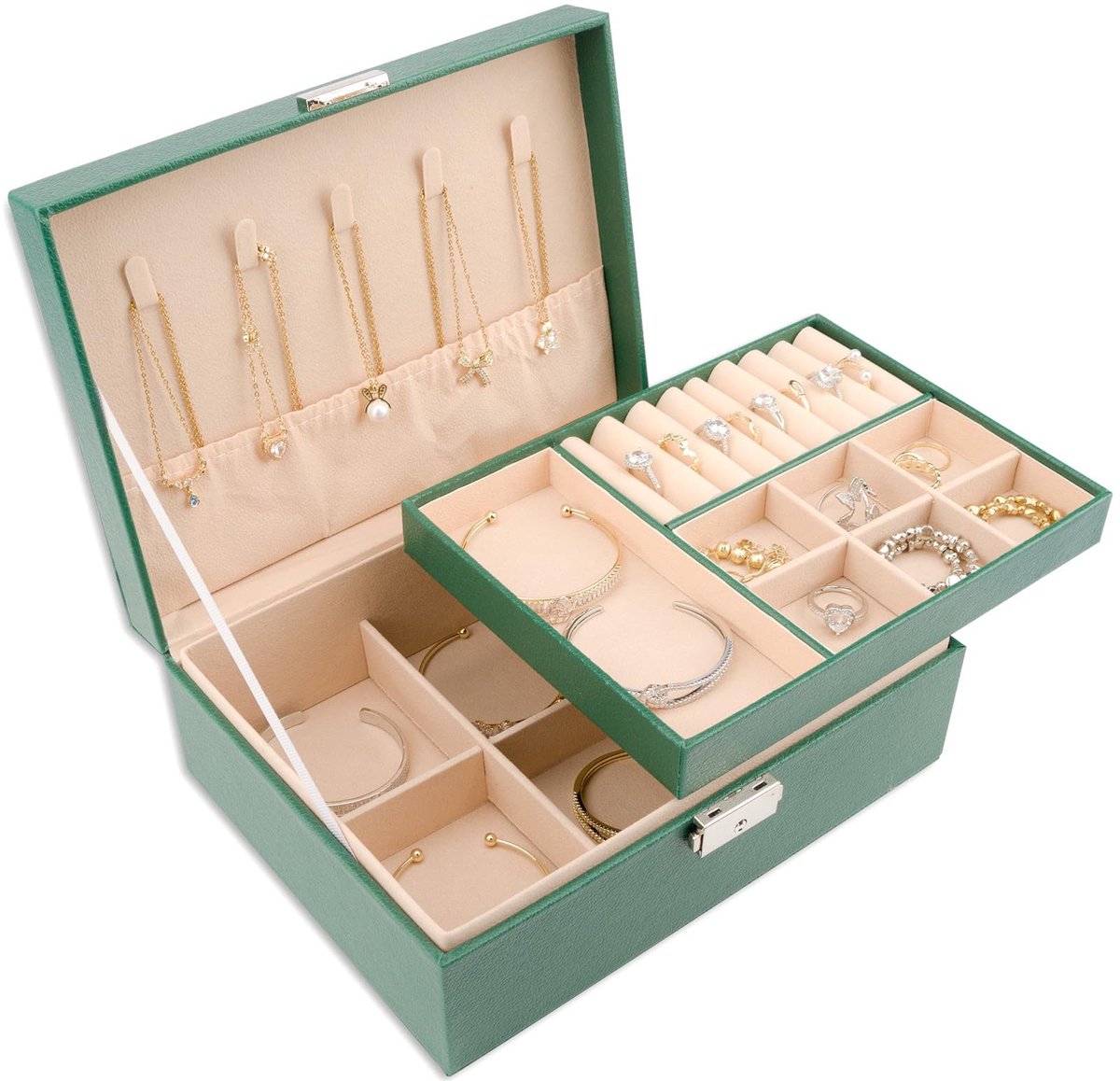 Dailygoods - Meschett Sieradendoosje met 2 lagen, PU-lederen sieradenhouder organizer met slot en afneembaar dienblad, sieradenorganizer voor ringen, oorbellen, kettingen, armbanden, juwelendoosjes voor vrouwen
