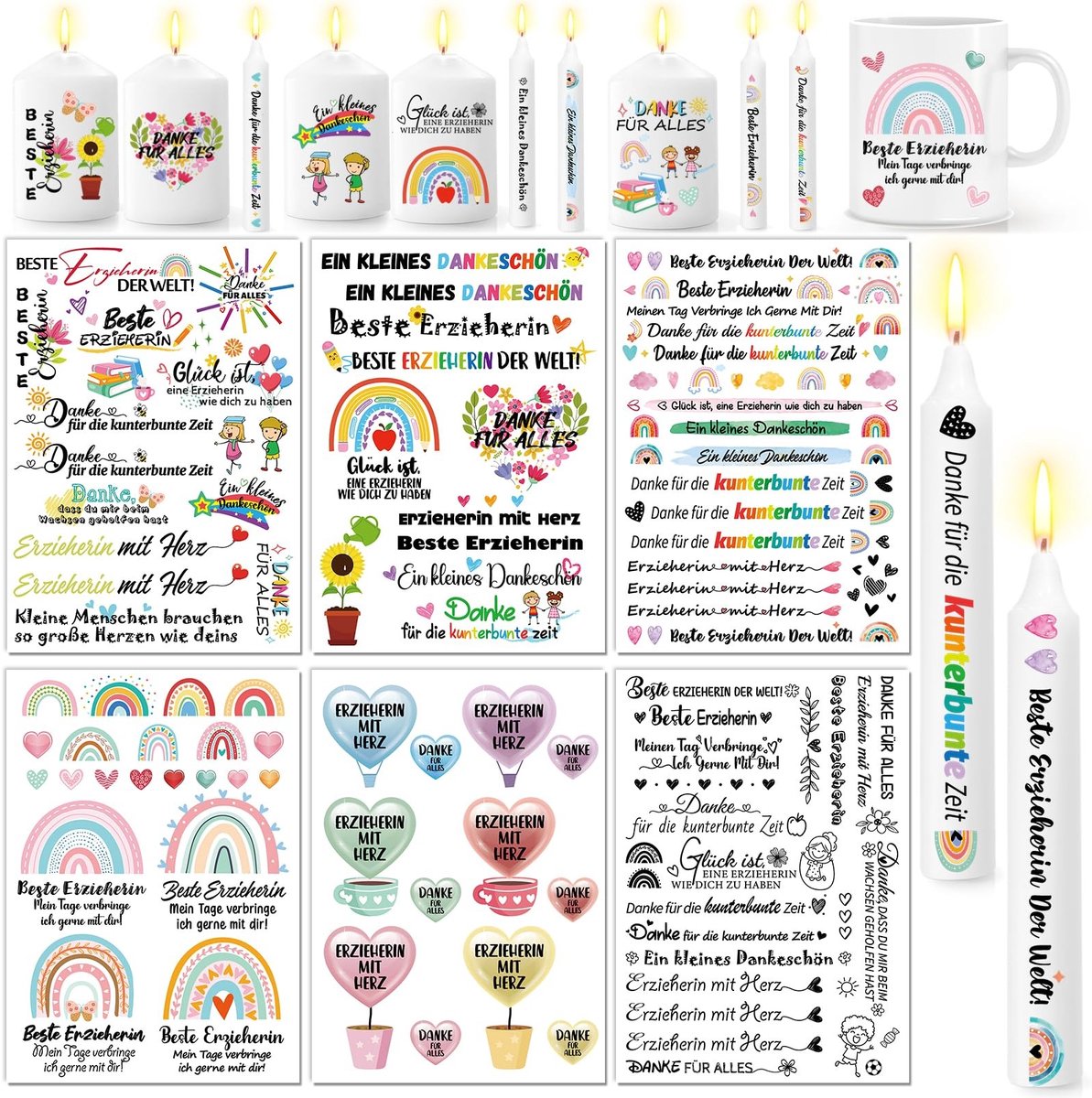 Dailygoods- Kaarsentatoeages 6 Vellen - Afscheidsgeschenk - Waterschuiffolie - Kaarsen - Spreuken - Creatieve Cadeaus - Kaarsentattoos