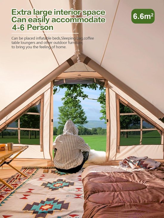 Opblaasbare Kampeertent 4-6 Personen - Familietent met Luifel - Inclusief Handpomp - Waterdicht - Windbestendig - Dubbele Deuren - Glampingtent voor Camping en Outdoor — afbeelding 4