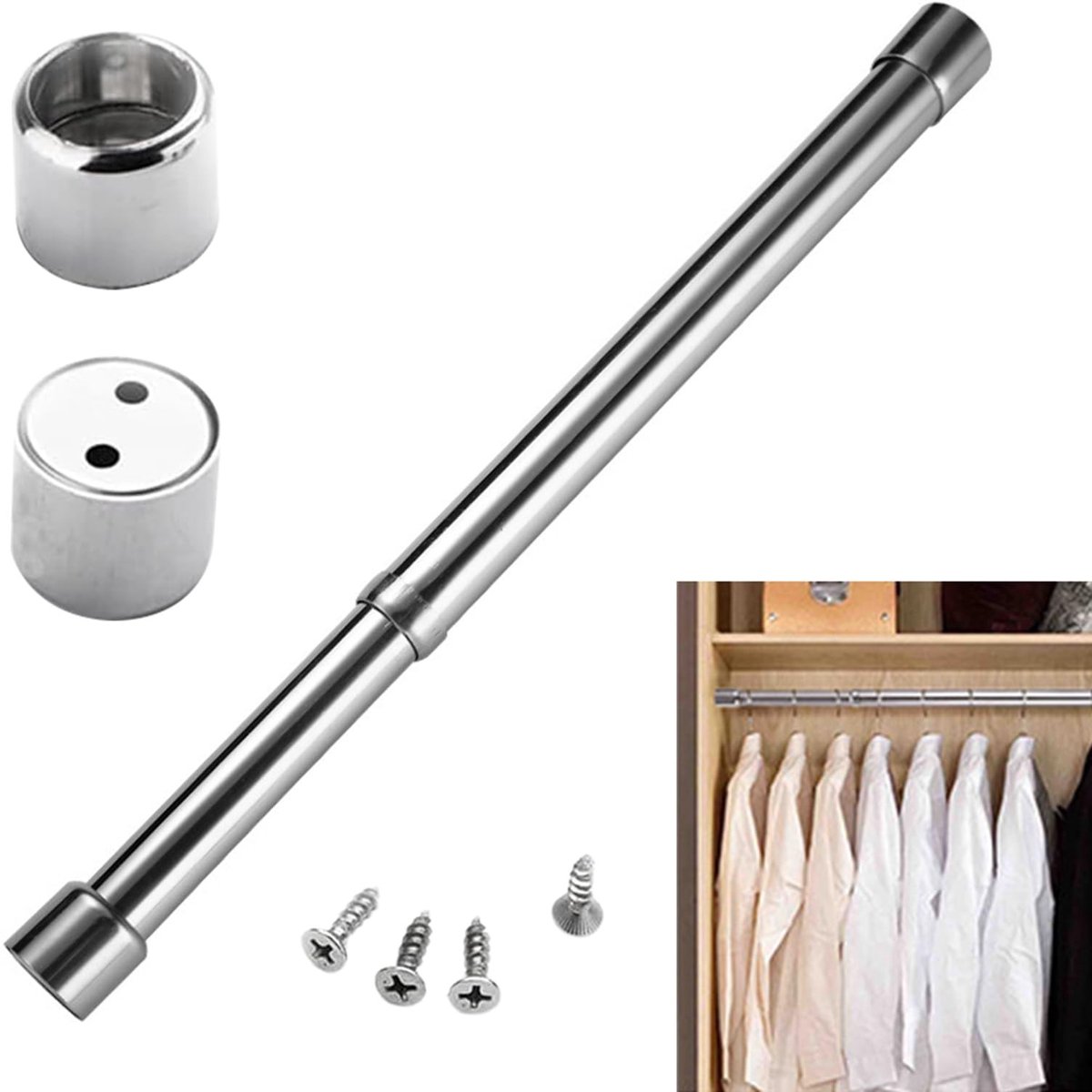Dailygoods- Kledingstang Verstelbaar - Uittrekbare Kledinghanger - Roestvrij Staal - 31-51 cm - Zonder Boren - Metalen Stang - Garderobestang