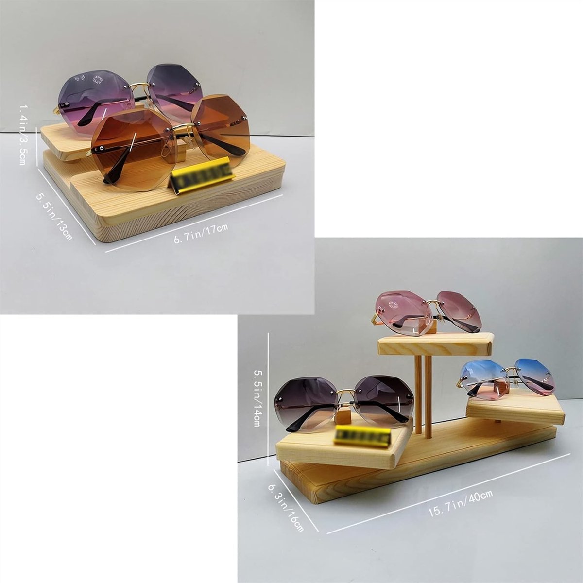 Brillen Display - Glazen Plank - Collectie Tonen - Houten Constructie - 3 Lagen - Natuurlijk Hout